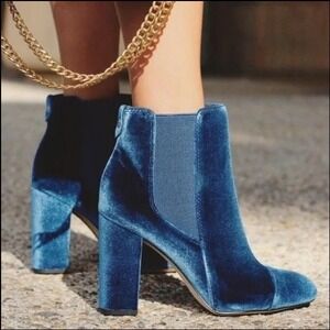 Sam‎ Edelman Teal Velvet Block Heel Ankle Boots Women's Size 6.5